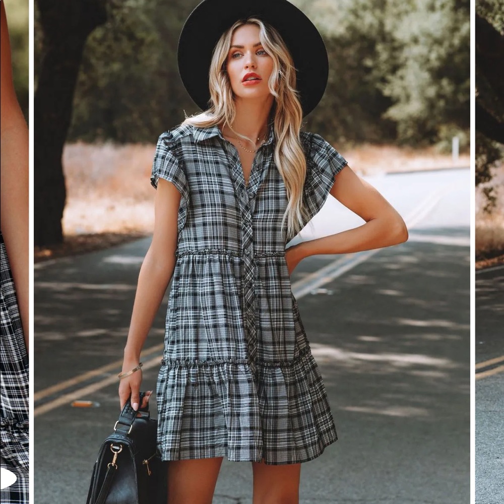 VICI Shift Dress Plaid Button Down Babydoll Dress Black White Grey Plaid Neutral